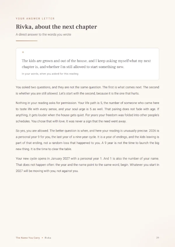 Sample page titled Your answer letter: Rivka’s question about her next chapter, and the first part of the letter that answers it.